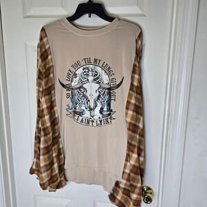 Upcycled tan cow‎ skull t-shirt with plaid flannel OS